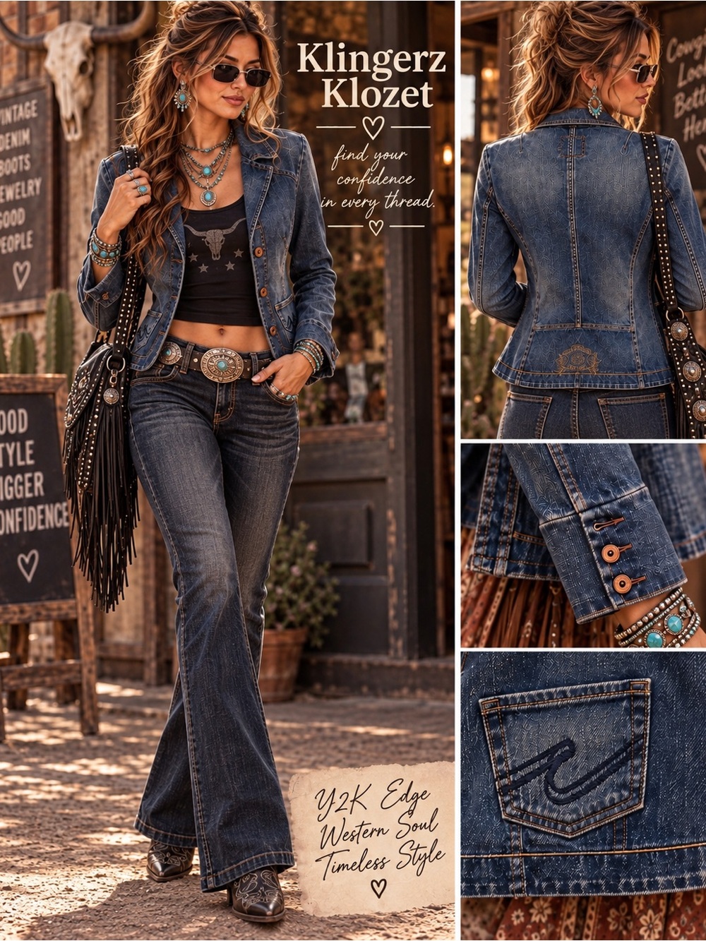 Crest The Collection Y2K Fitted Denim Blazer Jacket Western Boho M